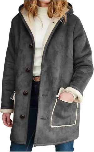 XUNRYAN Womens Fashion Suede Sherpa Fleece Jacket Trench Coats Thicken Winter Warm Sherpa Coat Hooded Peacoat Shearling Parka