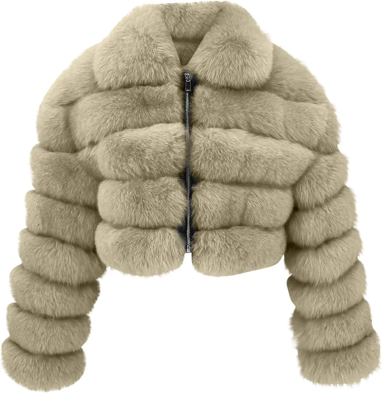 YRAETENM Womens Faux Fur Coat Trendy Zip Up Cropped Bubble Coats Long Sleeve Fleece Warm Short Winter Coats With Fuzzy Hoode