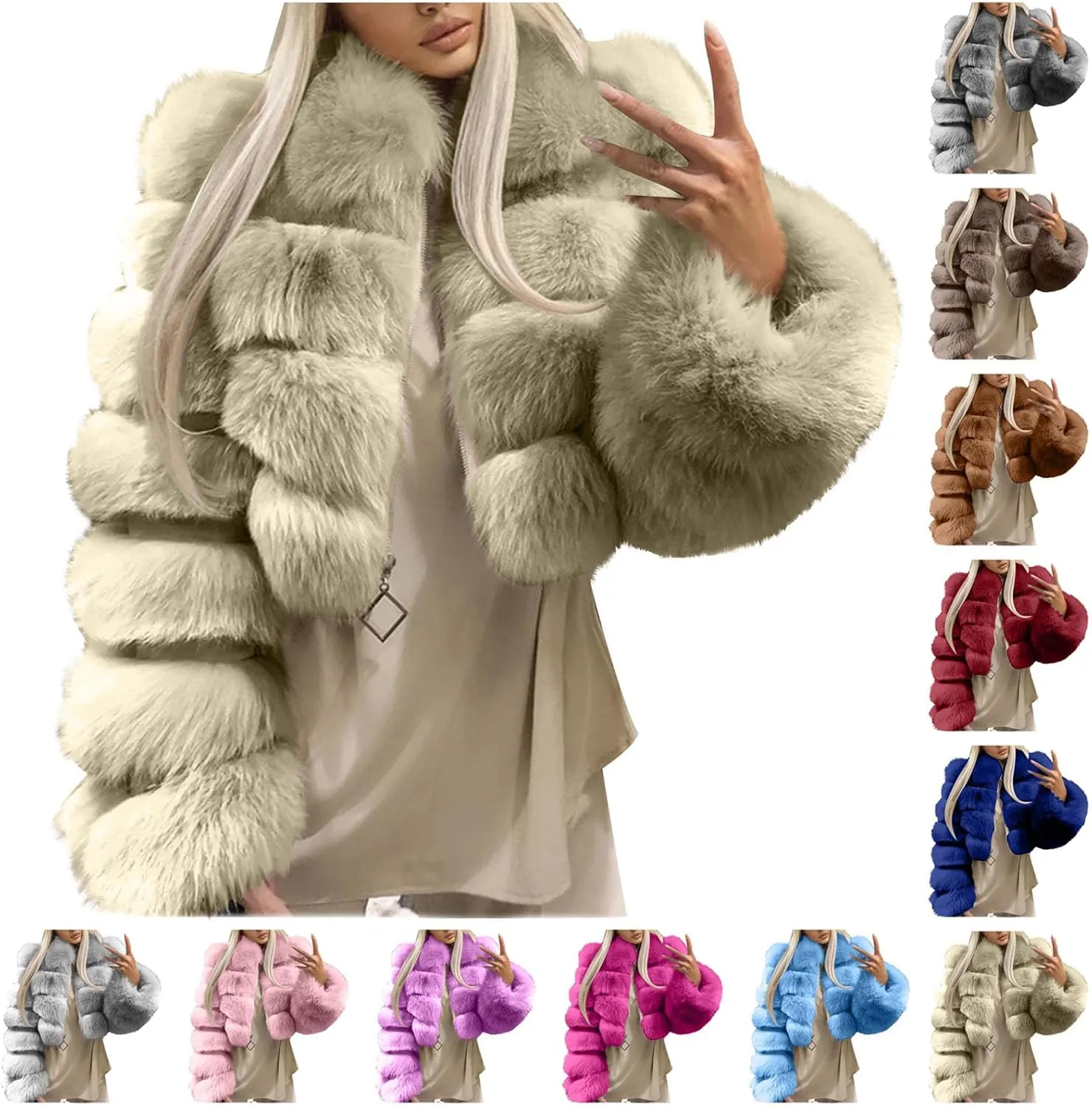 YRAETENM Womens Faux Fur Coat Trendy Zip Up Cropped Bubble Coats Long Sleeve Fleece Warm Short Winter Coats With Fuzzy Hoode