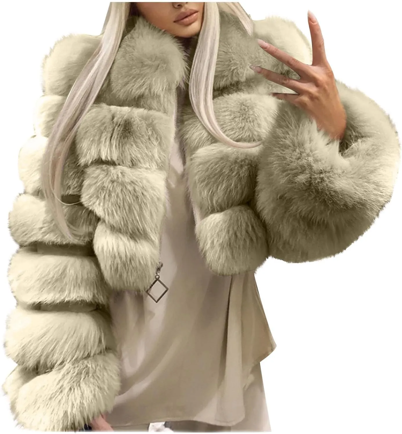 YRAETENM Womens Faux Fur Coat Trendy Zip Up Cropped Bubble Coats Long Sleeve Fleece Warm Short Winter Coats With Fuzzy Hoode