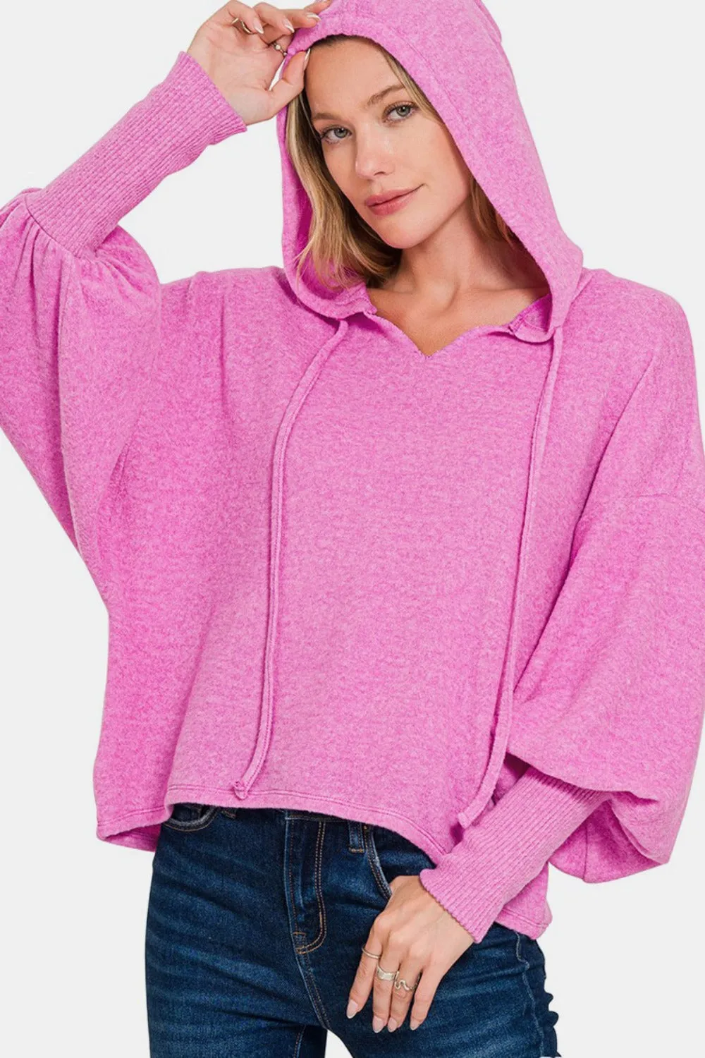 Zenana Brushed Hacci Drop Shoulder Cropped Hoodie - Bright Mauve